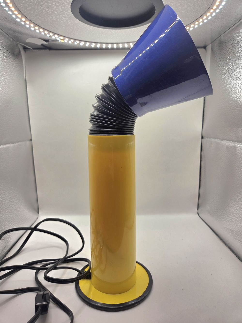 Vintage 80s Memphis Style Gooseneck Yellow Desk Lamp with Blue Adjustable Shade